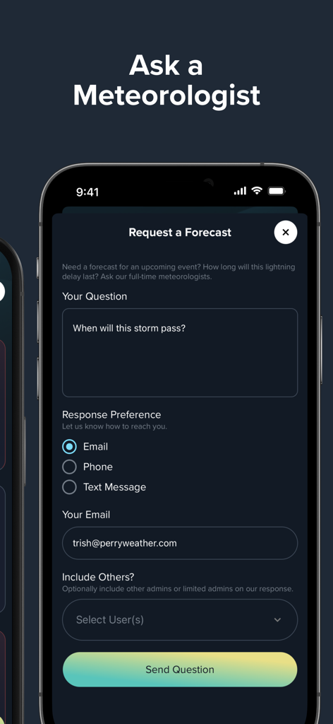 Smartphone screen showing the Ask a Meteorologist feature in the Perry Weather app for professional weather consulting