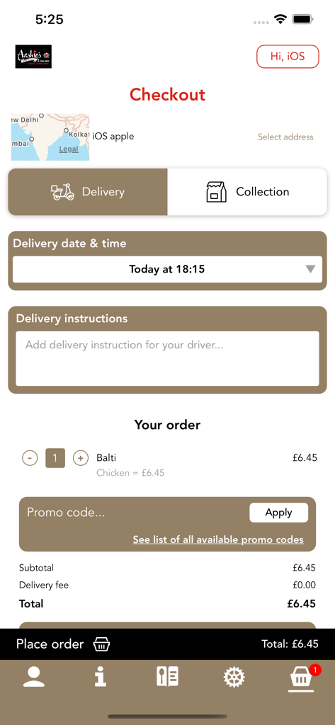 Aashiq's indian Restaurant - Checkout page of the Aashiq's Indian Restaurant app displaying delivery options and order summary.