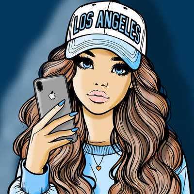 realistic beautiful girl wearing los ángeles cap holding an iphone