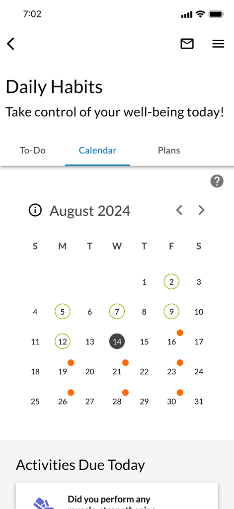 Visualização do calendário de hábitos diários no aplicativo de saúde Bem-Estar ao Seu Lado mostrando o monitoramento de atividades para agosto de 2024