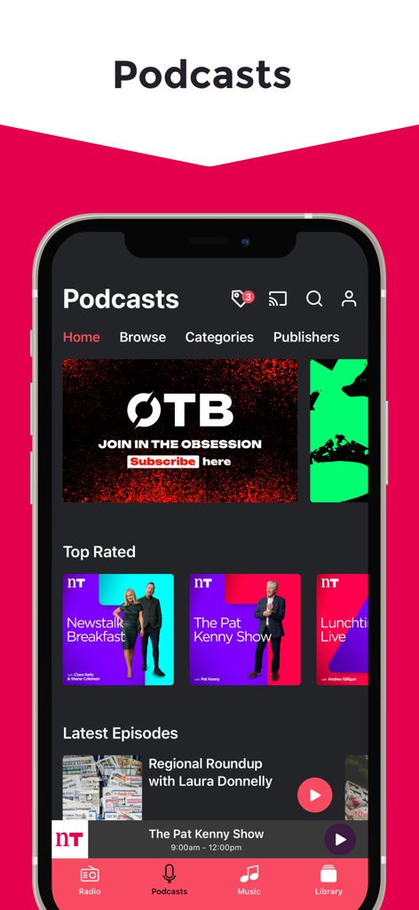 Newstalk app podcast interface displaying featured and top rated Irish talk shows like Off The Ball and The Pat Kenny Show.