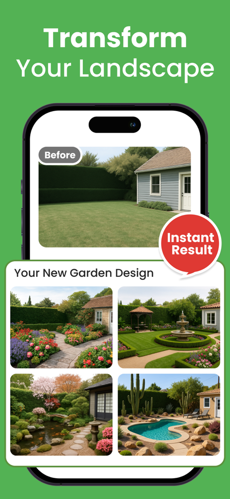 AI Garden- AI Landscape Design - Mobile app showing a before and after landscape transformation with four different garden styles.