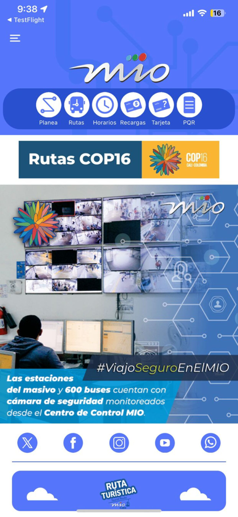 L'écran d'accueil de l'application de transport Mio présentant des icônes de planification de trajet et une section sur la surveillance de la sécurité du centre de contrôle MIO.