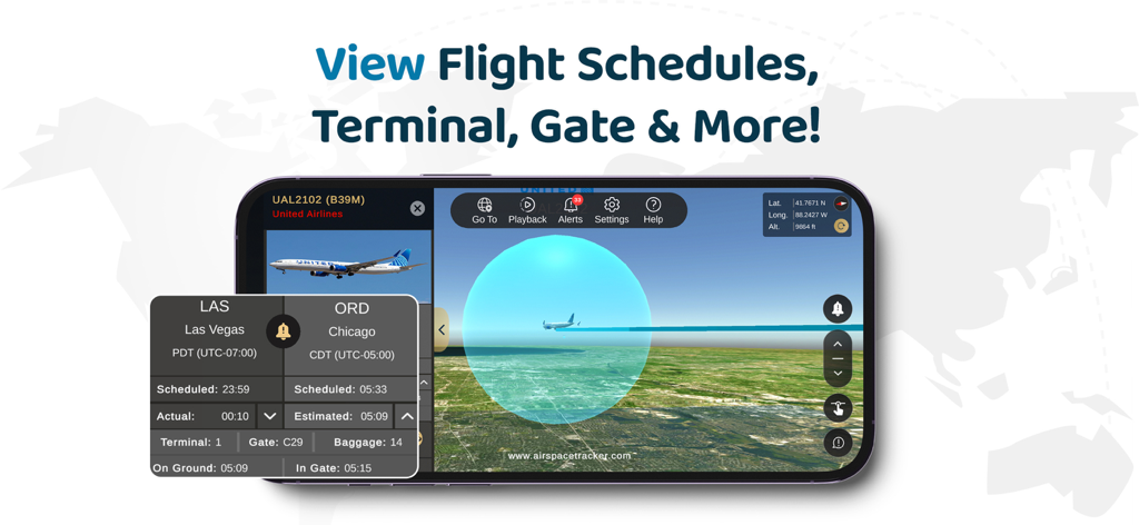 Interfaz de la aplicación AirspaceTracker que muestra el rastreo de vuelos en 3D con información de terminal y puerta de embarque