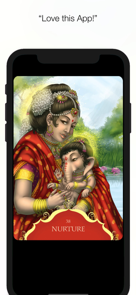 Whispers of Lord Ganesha - A digital oracle card titled Nurture from the Whispers of Lord Ganesha app featuring an illustration of a woman holding a baby Ganesha.