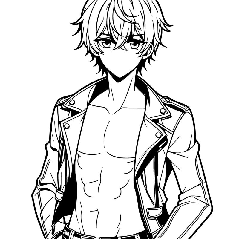 hot anime boy shirtless in leather jacket and leather pants