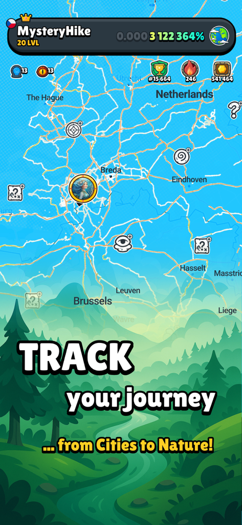 MysteryHike app map showing journey tracking and player stats in a GPS game interface