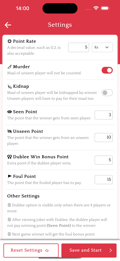 MarriagePointCalculator app settings screen for game rules and point calculation