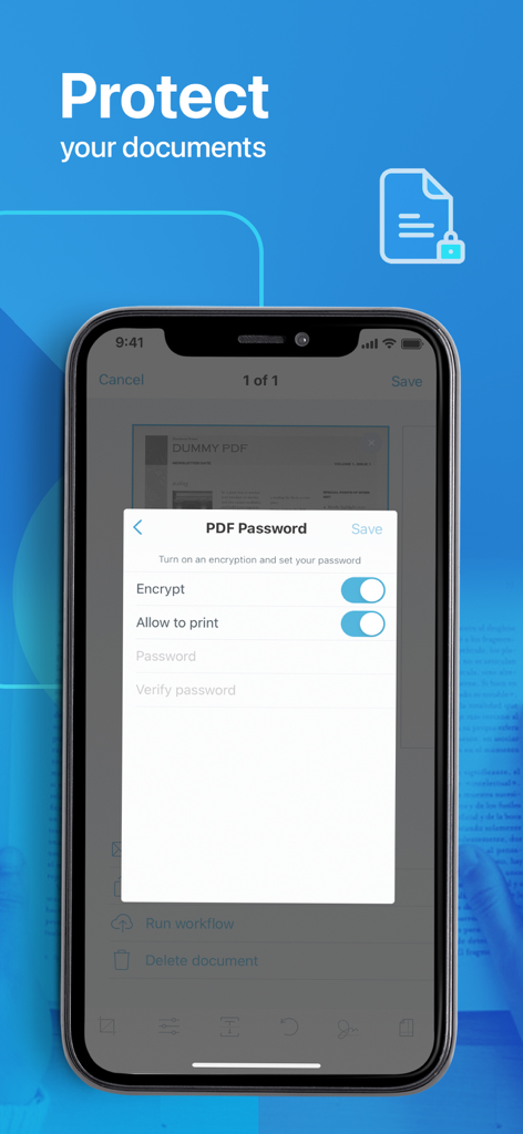 モバイルデバイスでのPDFパスワードおよび暗号化設定を示すスクリーンショット。