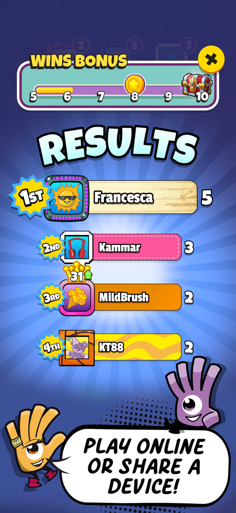 Schermata dei risultati dall'app SPOT IT GO! che mostra le classifiche dei giocatori e le opzioni multigiocatore.