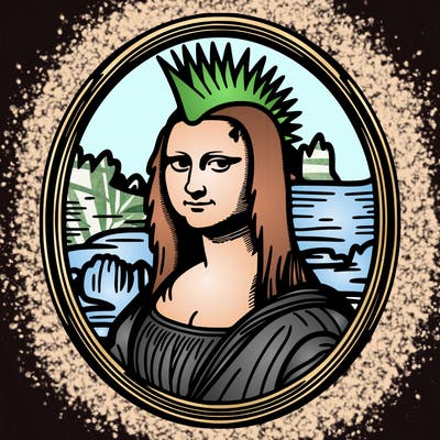 leonardo da vinci's "mona lisa" with punk hairstyle, realistic, thin borders