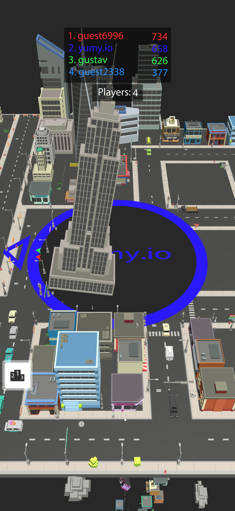 yumy.io - Black Hole Games - Un agujero negro tragándose un rascacielos en el juego de ciudad yumy.io