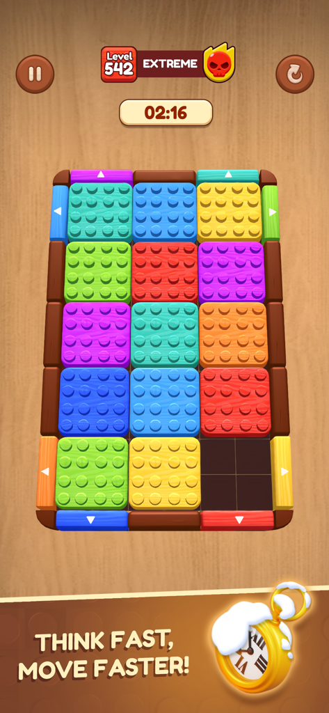 Wooden Slide: Block Escape - Tela de jogabilidade de Wooden Slide Block Escape mostrando blocos coloridos em uma grade de madeira em um nível extremo.