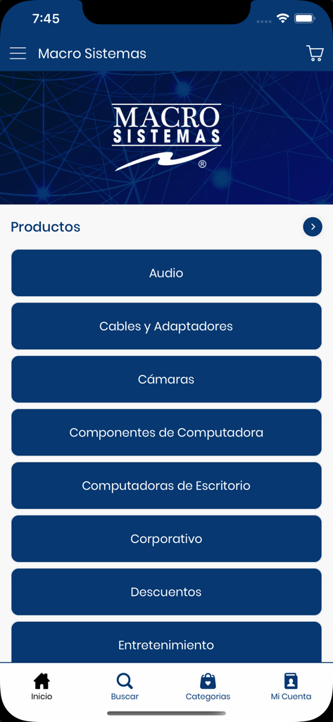 MacroSistemas - MacroSistemas shopping app screen displaying product categories for tech and computing