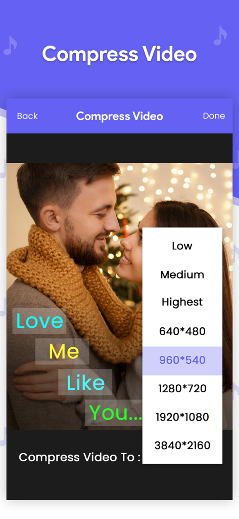 Video Editor - Add Music - Interface for compressing video files with various resolution settings