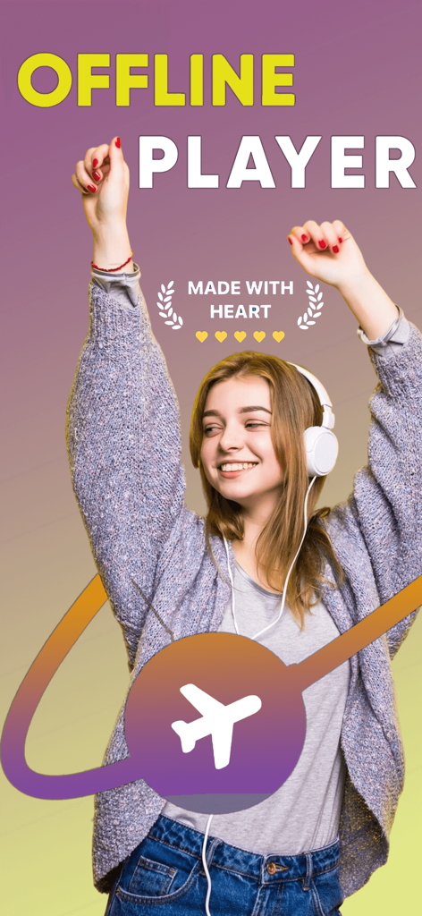 BeatFire: Offline Music Player - A smiling young woman with headphones enjoying music using the BeatFire offline player app with an airplane mode icon