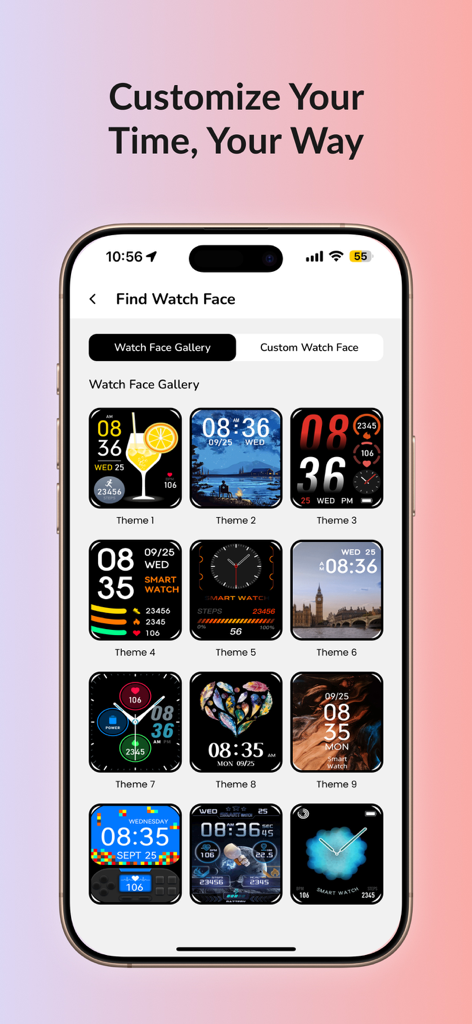 beatXP FIT/TRAK (official app) - A smartphone screen displaying a gallery of diverse watch face themes in the beatXP FIT/TRAK app.