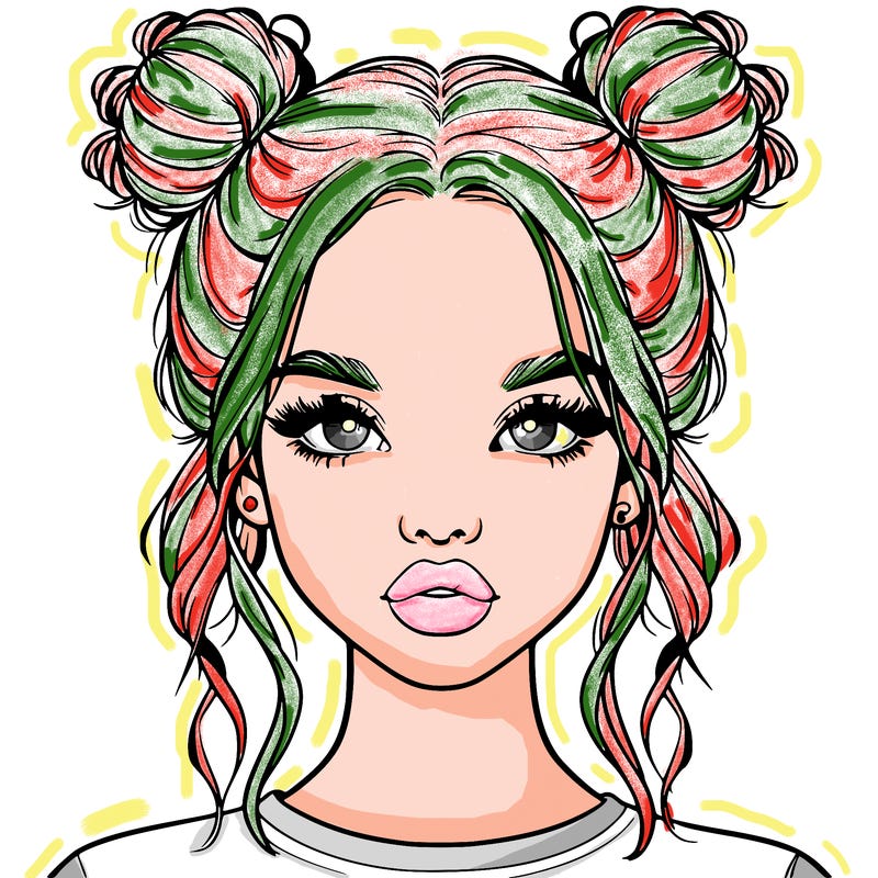 realistic girl with two buns in hair and lips
