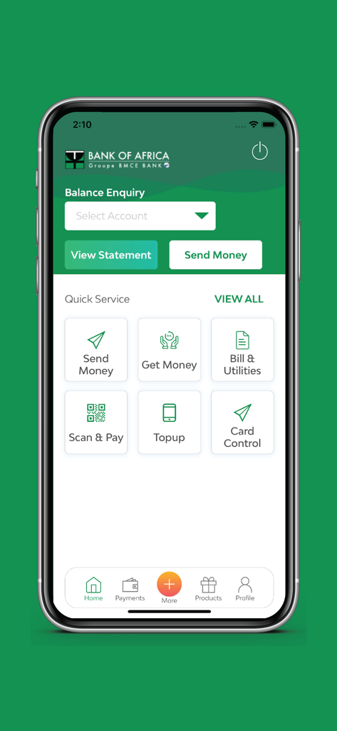 Home screen of the BOA Mobile Wallet app showing balance enquiry and quick service banking options