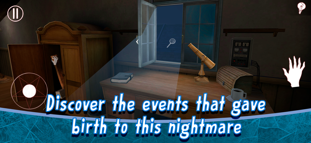 Ice Scream 8: Horror Games - Exploration d'une pièce sombre avec un bureau et un télescope pour découvrir l'origine du cauchemar dans Ice Scream 8