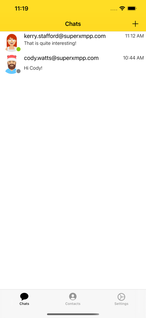 Snikket - Snikket app interface showing a list of private chats with encrypted user addresses