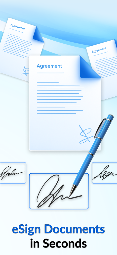 Gráfico de la aplicación que muestra documentos de acuerdo y un bolígrafo para firmar digitalmente en segundos.