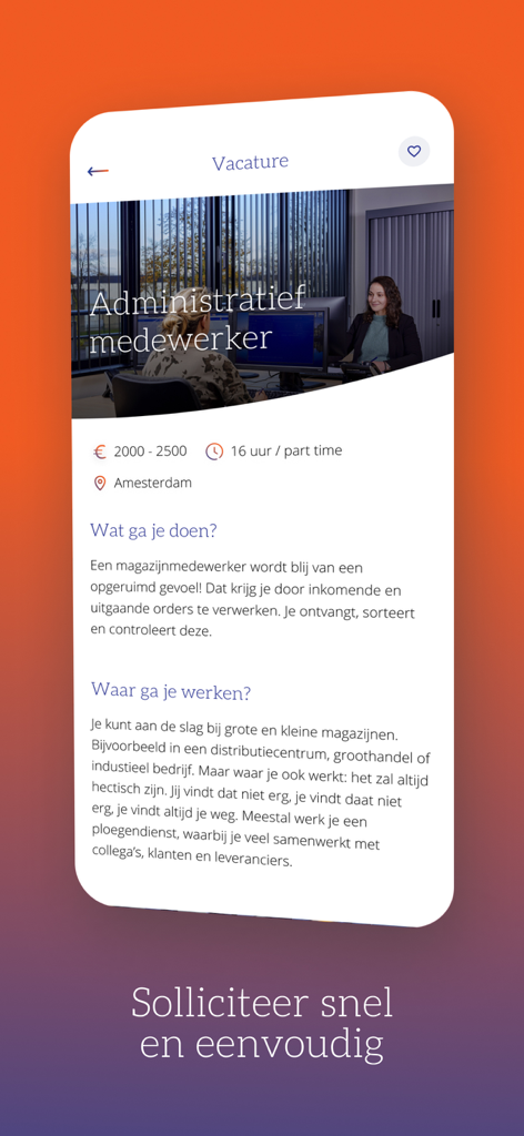 Olympia app - Um anúncio de emprego detalhado para uma função de assistente administrativo dentro do aplicativo móvel Olympia