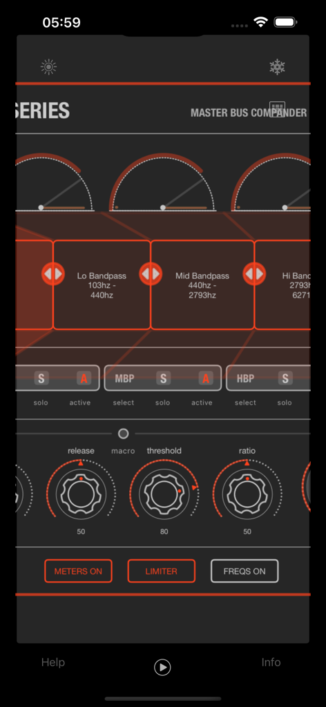 JAX MASTERING : MBC Pro - Mobile app interface of JAX MASTERING MBC Pro showing multiband compression controls and frequency band settings