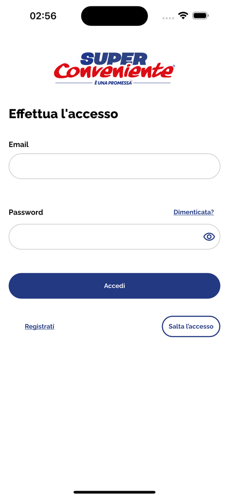 SuperConveniente Gruppo Arena - Schermata di accesso dell'app SuperConveniente con campi email e password