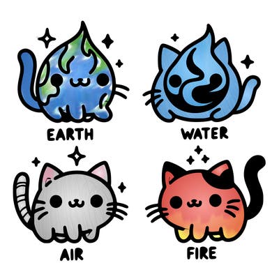 4 cats that represent the different elements, earth, water, air, and fire