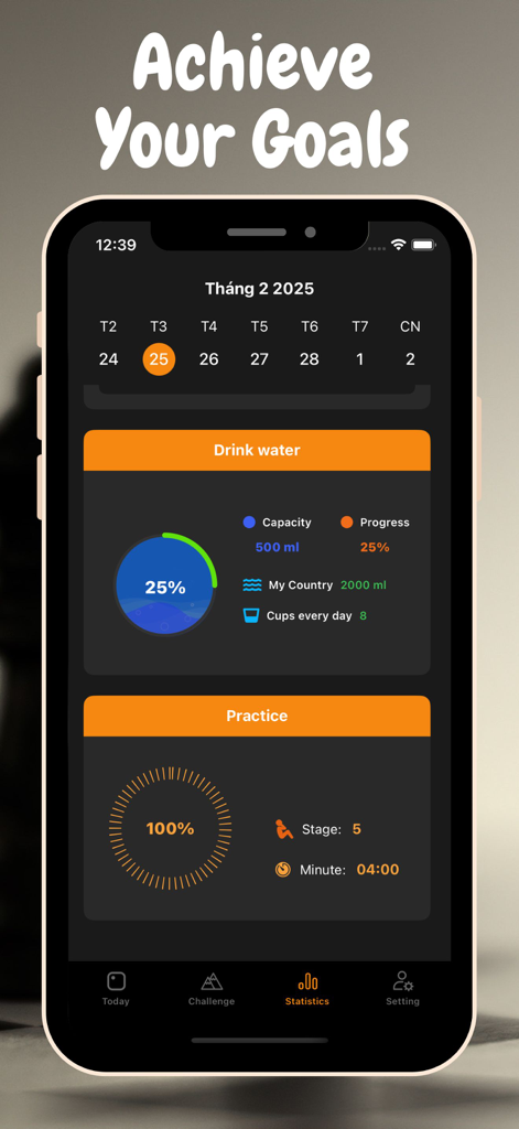 Habit Master - Track Daily - Mobile interface of Habit Master app showing daily statistics for drinking water and workout practice