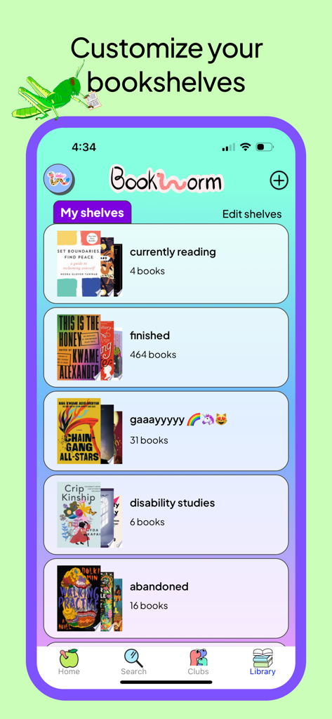 Bookworm Reads - Mobile app interface of Bookworm Reads showing personalized bookshelves including currently reading and finished books.