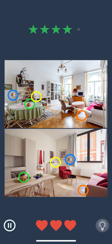 A gameplay screen from Find The Similarities Game showing matching interior design objects circled in two different rooms.