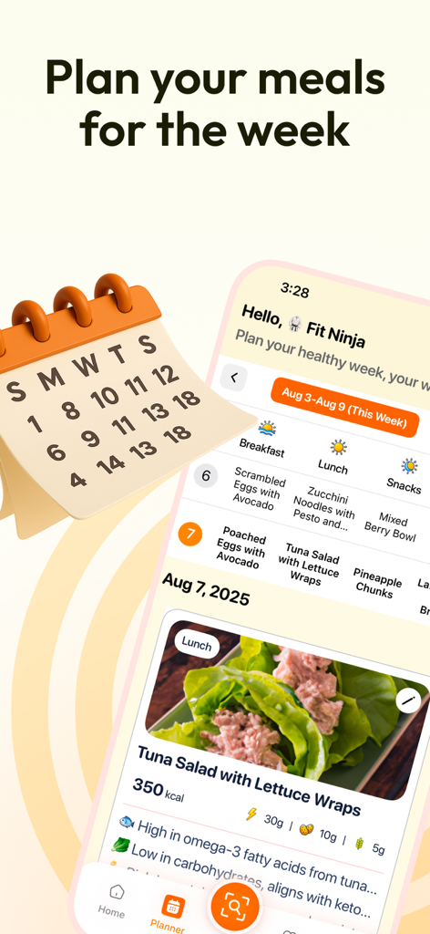 Meal Plan Identifier - Foojy - Interfaz de la aplicación móvil Foojy que muestra un horario de planificación de comidas semanal con recetas saludables como wraps de lechuga con ensalada de atún e información nutricional.