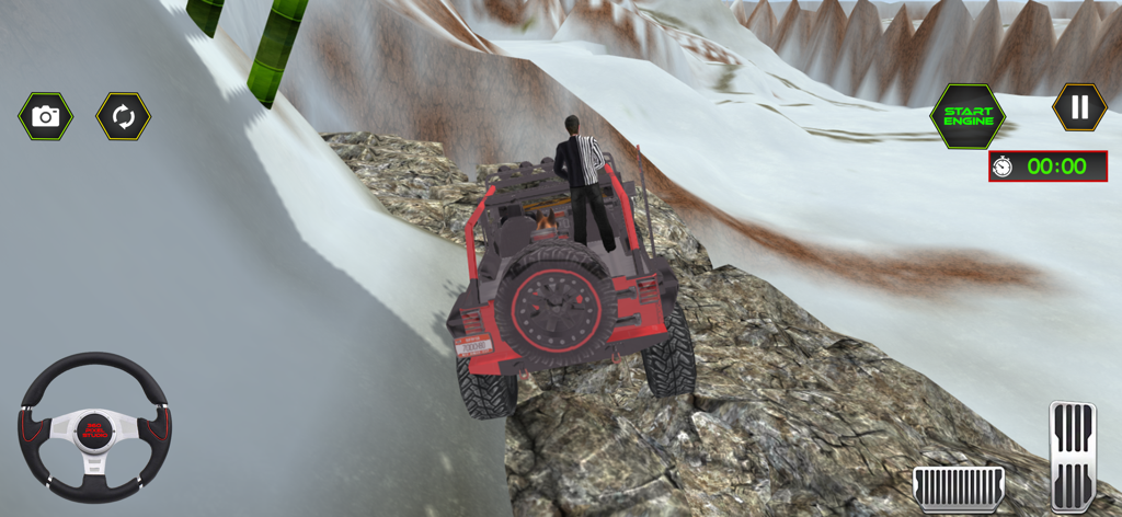 Jeep Driving Simulator 3D Game - A red jeep climbing a snowy mountain path in a 3D driving simulator game