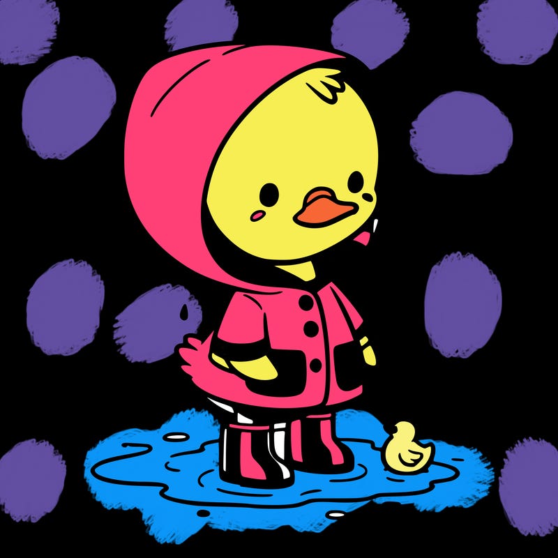 baby duck in a rain coat and boots, in a puddle while it’s raining