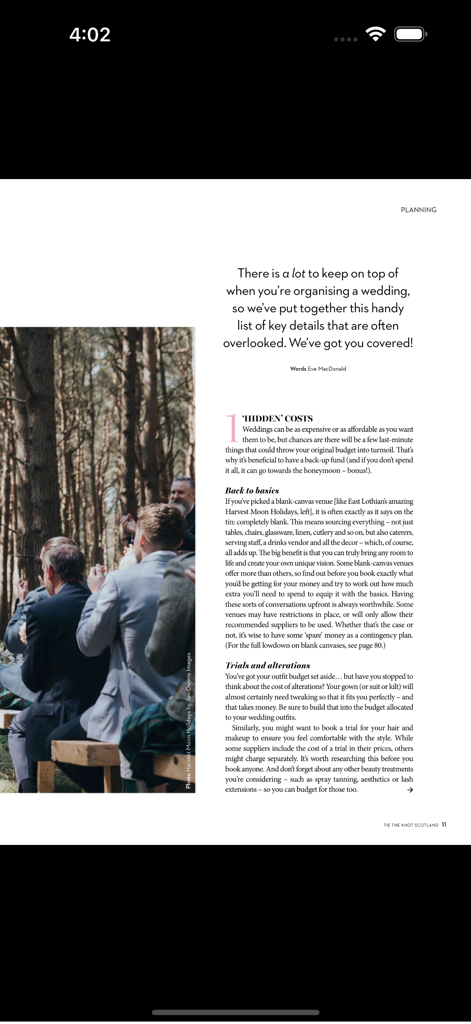 Tie the Knot Scotland - A digital magazine page from Tie the Knot Scotland featuring wedding planning tips on hidden costs and bridal trials.