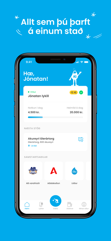 Atlantsolía - Atlantsolía mobile app home screen displaying fuel key usage tracking, nearest gas station location, and partner reward offers.