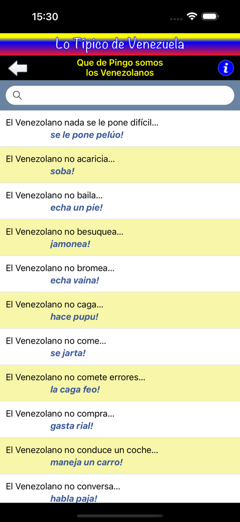 Lo Típico de Venezuela - A screen displaying a list of Venezuelan slang and cultural idioms with a search bar.
