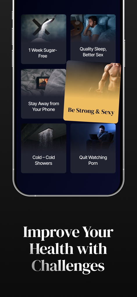 A mobile app screen showing healthy habit challenges for men including sugar free sleep and fitness goals