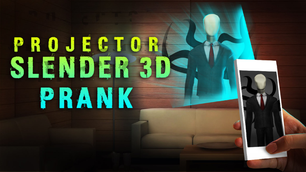 Projector Slender 3D Prank - A hand holding a smartphone that appears to project an image of Slender Man onto a living room wall