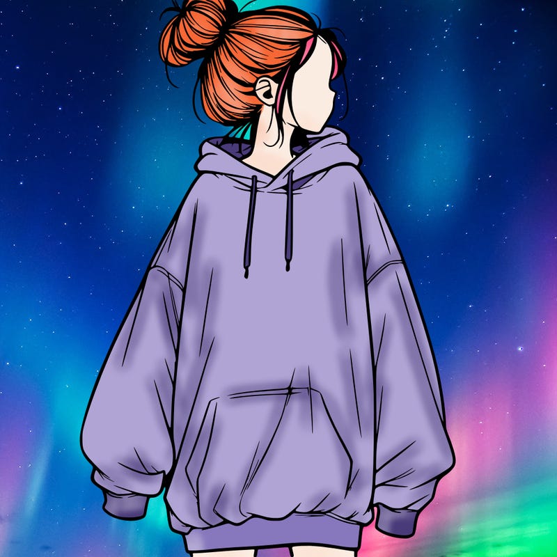 realistic girl with a oversized sweatshirt on and a bun