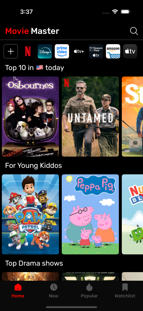 Écran d'accueil de l'application MovieX affichant les films et séries tendances avec intégration des services de streaming.