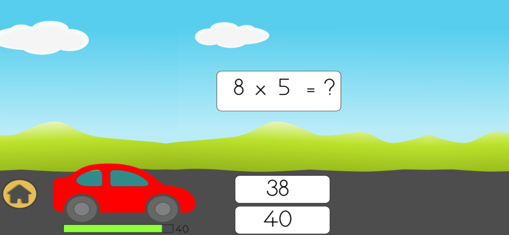 Çarpım Tablosu Oyunları - A multiplication car racing game interface showing a math problem with answer choices