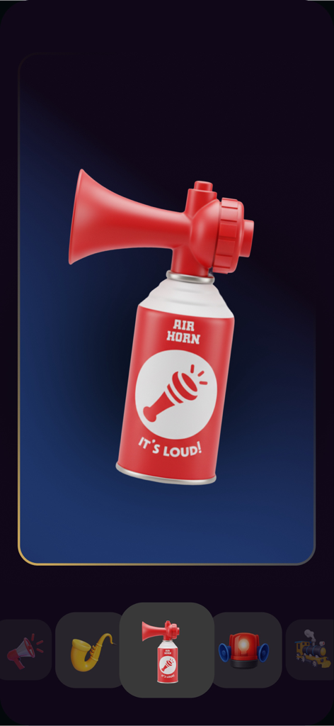 Siren & Air Horn Sounds - Interfaz de la app móvil mostrando un bote de bocina de aire rojo para efectos de sonido de broma potentes