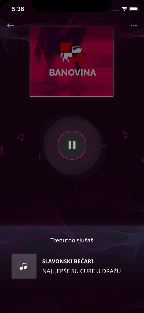 Interfaccia del lettore musicale dell'app Radio Banovina che riproduce una canzone di Slavonski Becari