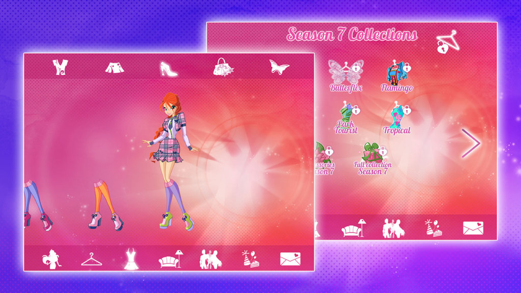 Winx Party - Interfaccia di vestizione dei personaggi e menu delle collezioni della Stagione 7 nell'app Winx Party