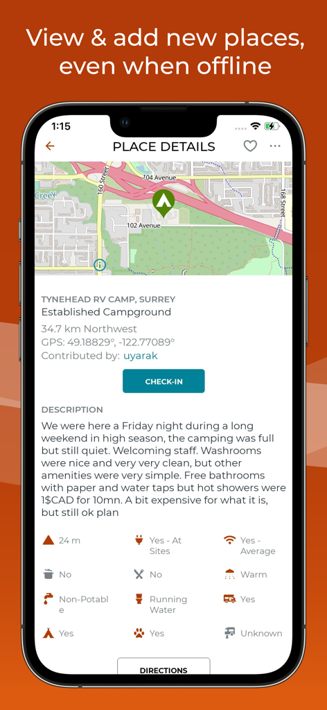 iOverlander 2 mobile app showing campground location details reviews and available amenities