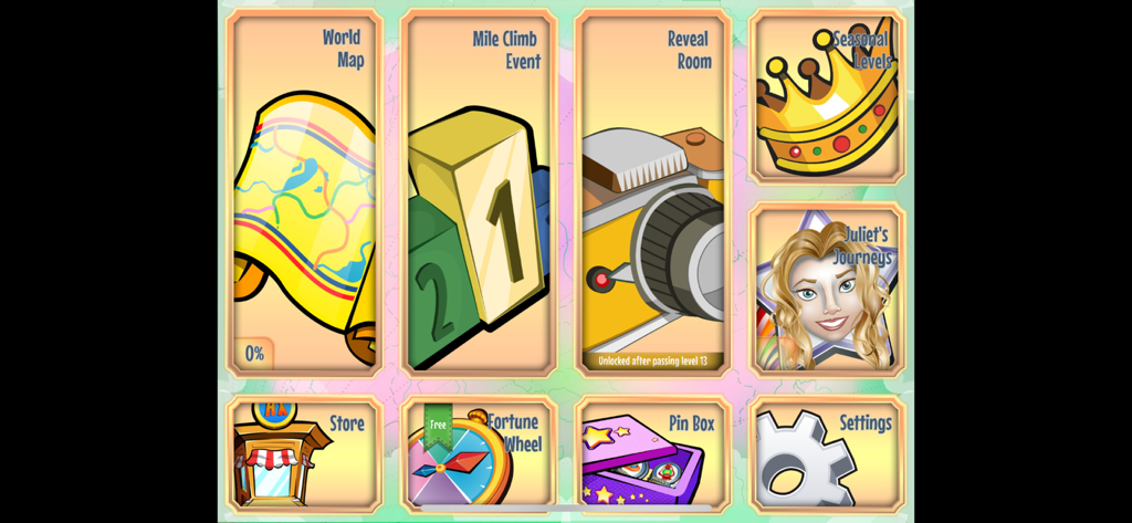 Hidden Express - Main menu screen of Hidden Express featuring icons for World Map, Mile Climb Event, and other game modes.