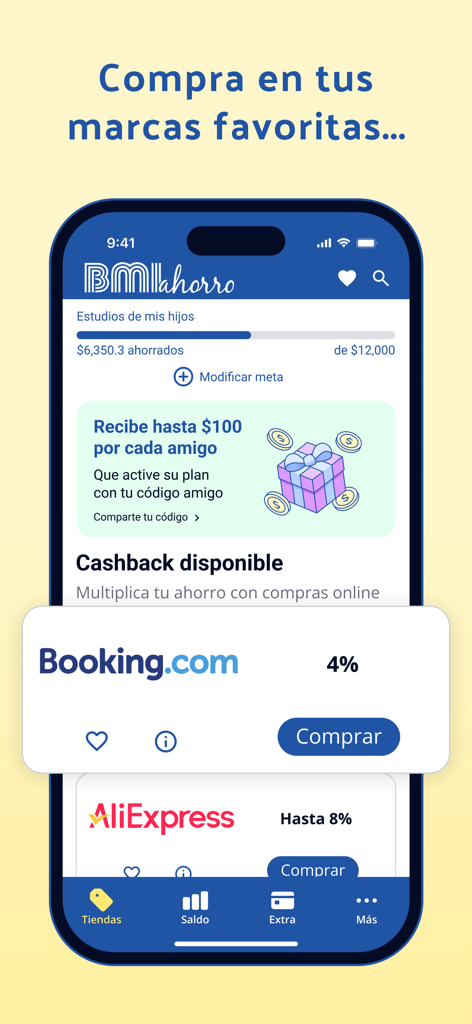 BMI Ahorro Ecuador - Mobile app interface of BMI Ahorro Ecuador showing online shopping cashback rewards from brands like Booking.com and AliExpress to fund savings goals